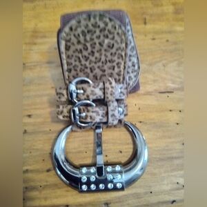 Leopard Print Faux Leather Wide Band Belt with Elastic & Gemstone Buckle XS 28"